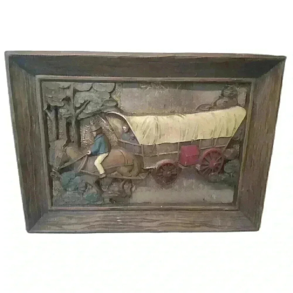 Vintage 3D Faux Wood Carved Syroco Inc Horse Buggy Wall Hanging Retro Décor